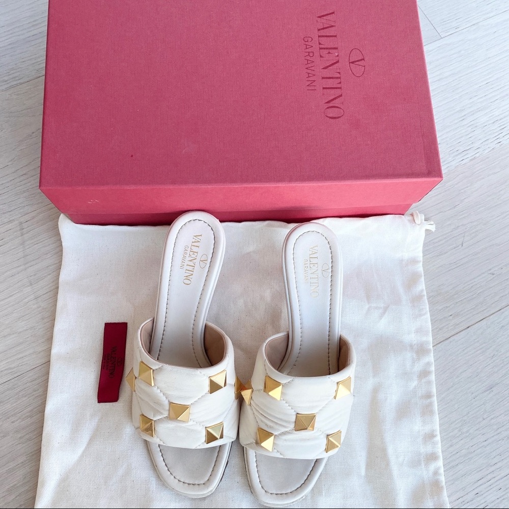 Valentino White Quilted Slide Sandals with Gold Rockstuds